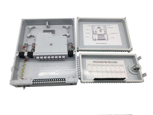 주문 16포트 FTTH 1*8 PLC 스플리터 광학 배포 상자 IP65 인도네시아 통신 2 개의 문 회색 온라인 제조