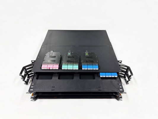 주문 고밀도 2U 19 인치 144 코어 MPO에서 LC MTP 다운로드 슬라이드 광섬유 패치 패널 MPO 랙 데이터 센터 솔루션 온라인 제조