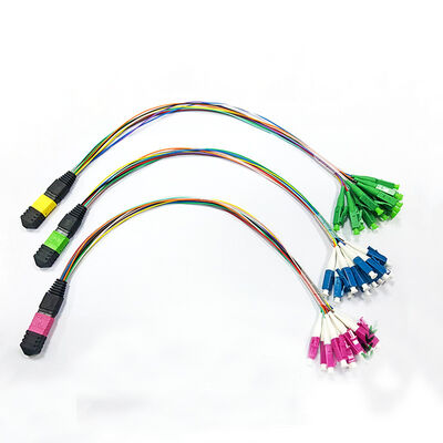 MPO 카세트 및 모듈식 인클로저용 12코어 MPO-LC 다중 모드 광섬유 브레이크아웃 패치 케이블 0.9mm